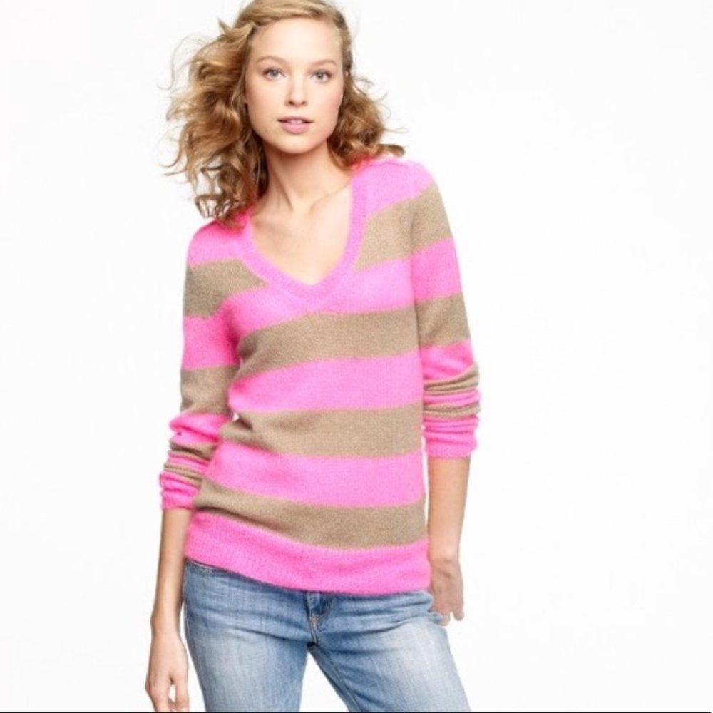 J. CREW Pink Striped Wool Blend V-Neck Sweater